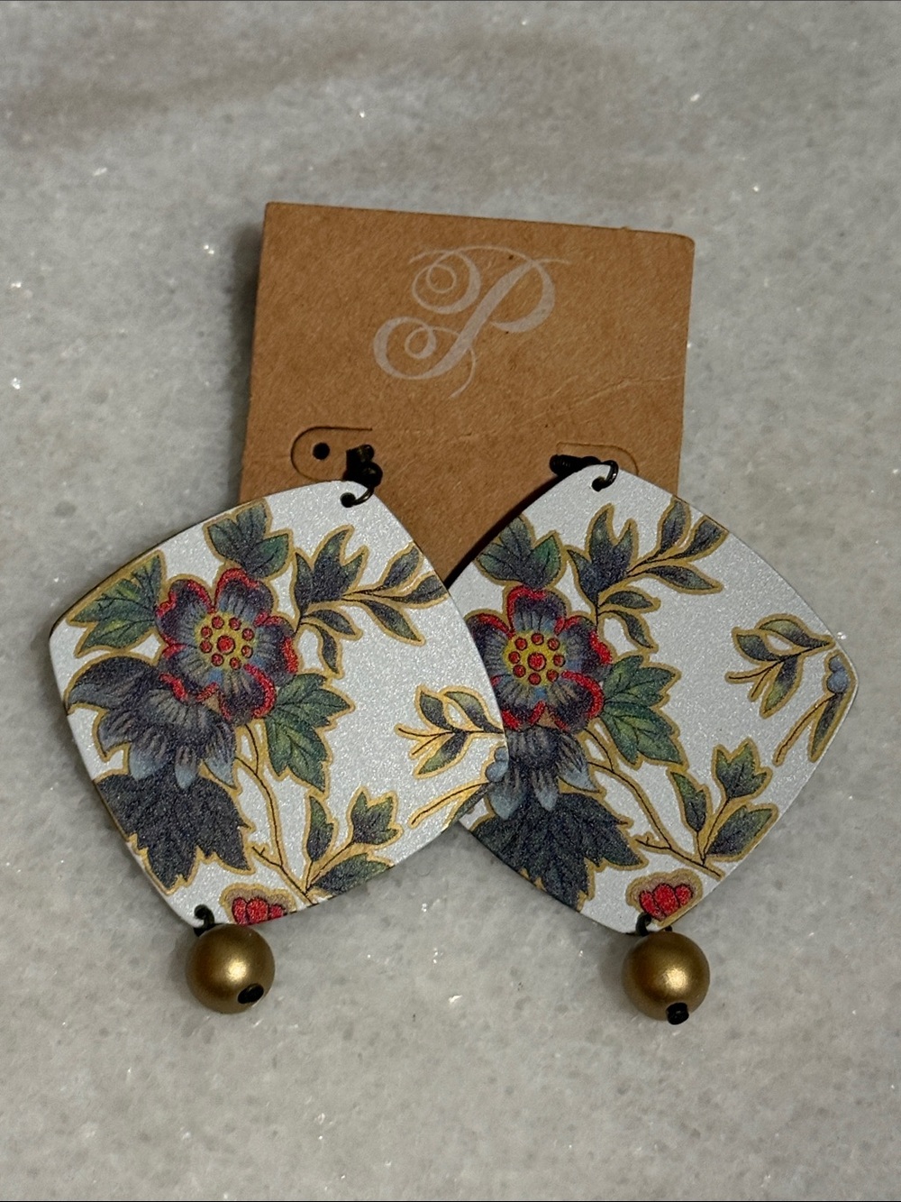 Plunder Mally Floral Statement Dangle Earrings in White, Green, Red & Gold New